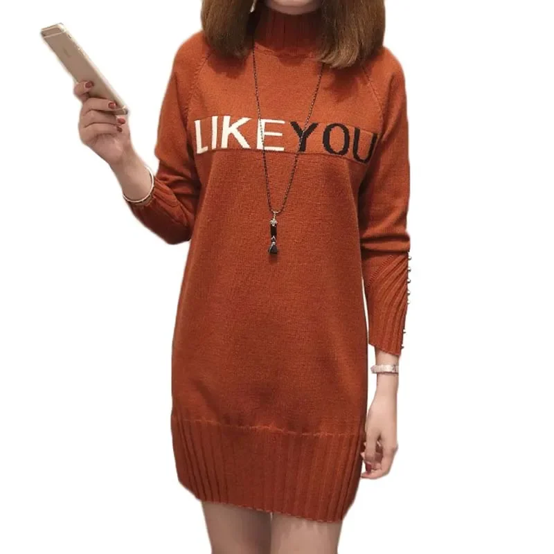 Women Knit Sweater Pullover New Autumn Winter Clothes Half Turtleneck Long Sleeved Bead Medium long Jumper Sweater Female Tops