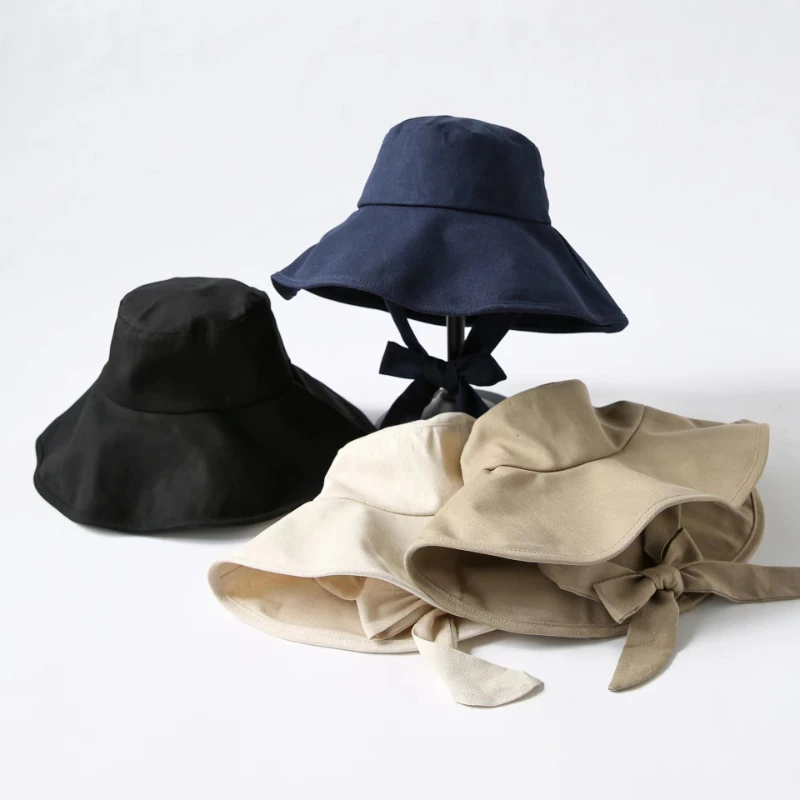 New Summer Spring Japanese Tie Bucket Hat Women\'s Korean-style Big Eave Fisherman Foldable UV Cotton Linen Beach Strap Sun Hat