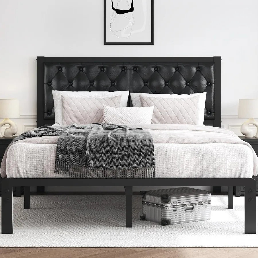 Bed Frame with Upholstered Button Tufted Headboard, Bed Frame Platform Metal Slats Support, Under Bed Storage, No Box Spring Ne