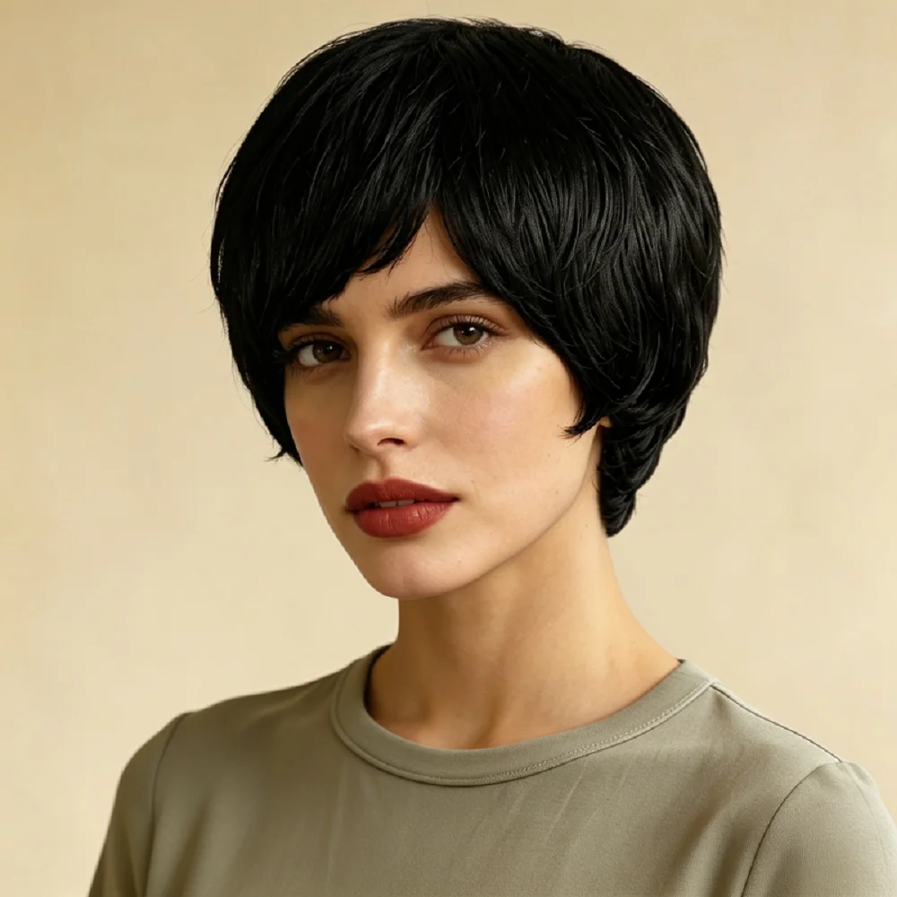 natural-black-short-layered-pixie-wig-with-bangs-100-human-hair-textured-straight-wig-machine-made-breathable-adjustable-cap