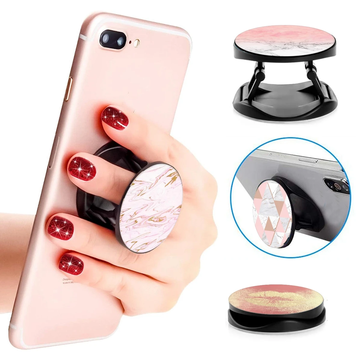 4 Pack Cell Phone Stand，Multi-Function Cellphone Foldable Finger Grip Holder  - Pink Ombre White Marble Rose Gold Kiss Lip