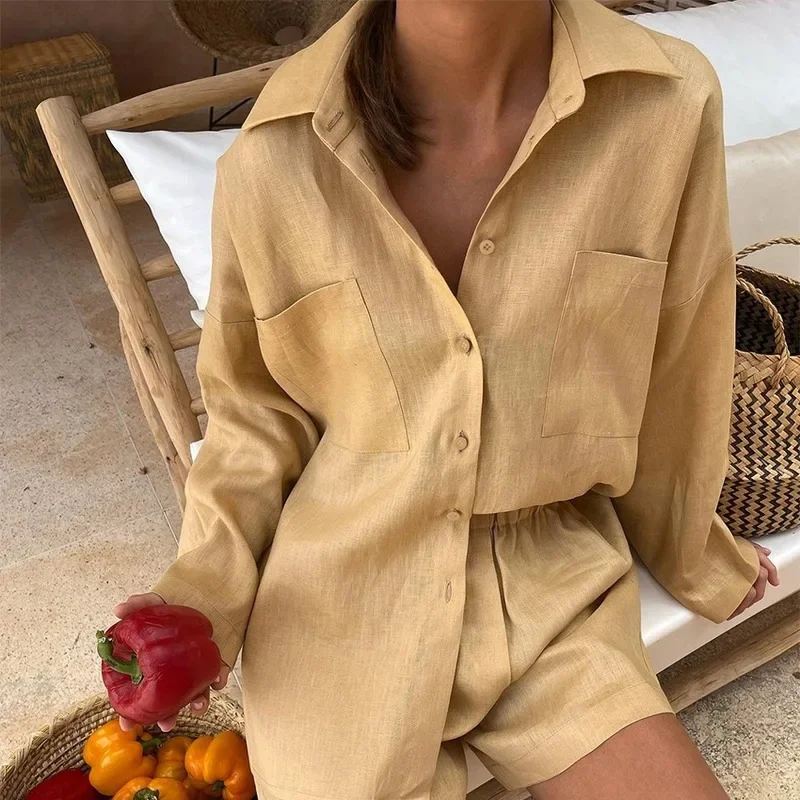 

Women's Summer Suit Shirt and Shorts Long Sleeve Top Oversize Two-piece Set Loose Cotton Linen Suit for Women Outfits 2024 New