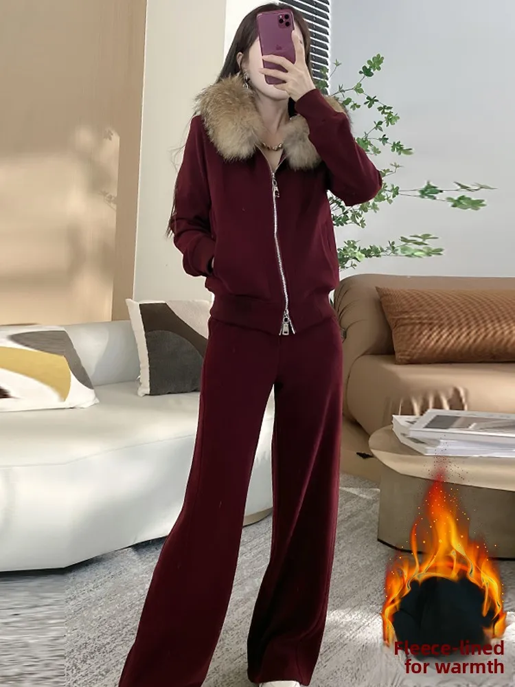 

Women's Winter Faion Outerwear Set with Faux Fur Collar Oversize Slimming Wide Leg Pants Two Piece Warm Thiened Coat