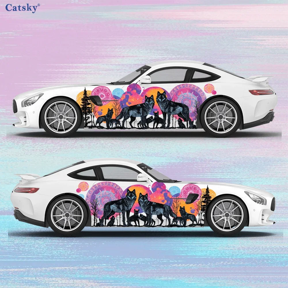 Black Wolf Pack Colorful Mandala Car Side Car Wrap, Self-Adhesive PVC Waterproof & Scratch-Resistant Sticker, Car Accessory Gift