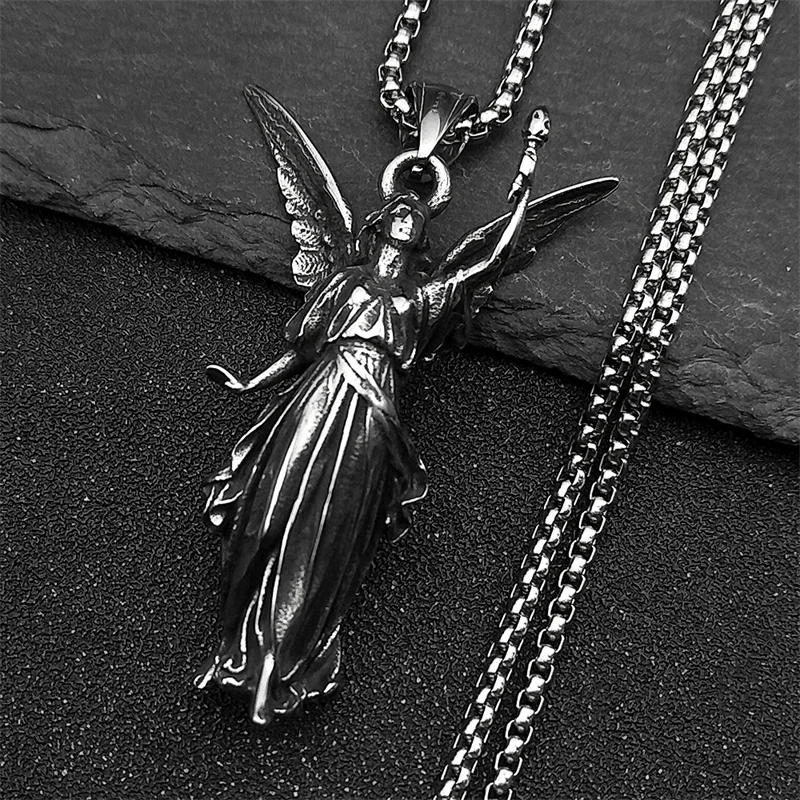 

Classic Prayer Guardian Angel Blessing Angel Pendant Necklace For Women Men Stainless Steel Black Fashion Gothic Chain Jewelry