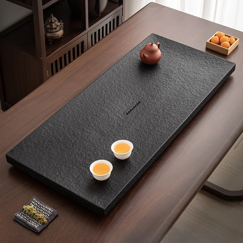 Natural Black Stone Tea Tray, Chinese Kung Fu Tea Set for Living Room Desktop, Traditional Home Tea Table Decor