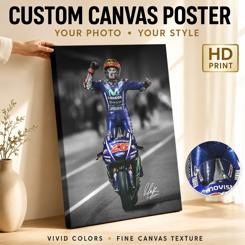 Maverick Vinales Motorcycle Racing Canvas Poster Bold Action Design Wall Art With Customized Photo For Games Room Ideal Fan Gift