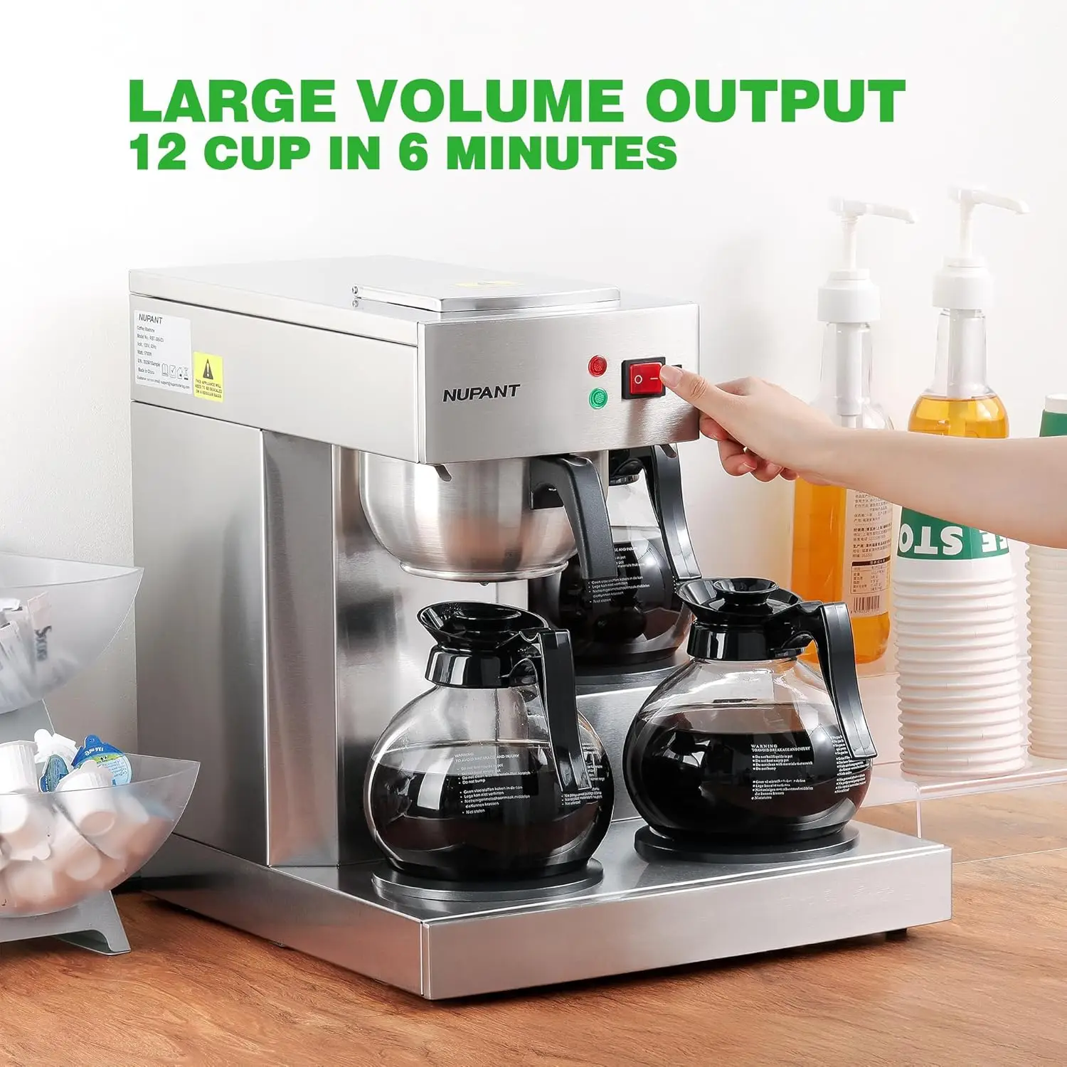 Caffettiera commerciale da 12 tazze, macchina per caffè americano con 3 piastre scaldavivande e 3 decanter in vetro, versare in acciaio inossidabile