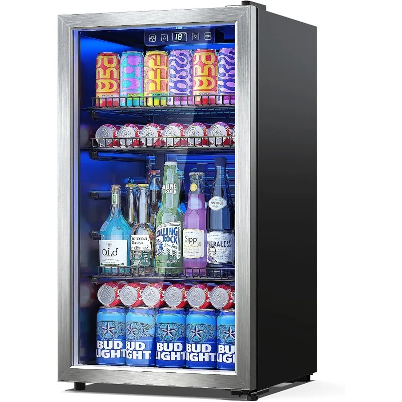 

Beverage Refrigerator Cooler-Mini Fridge Freestanding Cooler Glass Door,Adjustable Shelves Digital Temperature Display for Soda