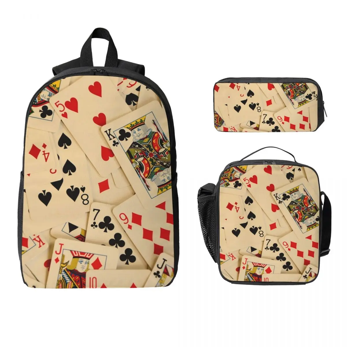 

Scattered Pack Of Playing Cards Hearts Clubs Diamonds Spades Backpack BookBag School Bag 3ps Insulated Lunch Bag Pencil Case