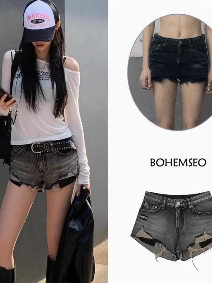 

Sexy Dongdaemun Spicy Girl Style Worn-look Jeans High-waisted Slimming Shorts for Women Cotton Stretch Denim Summer Fashion