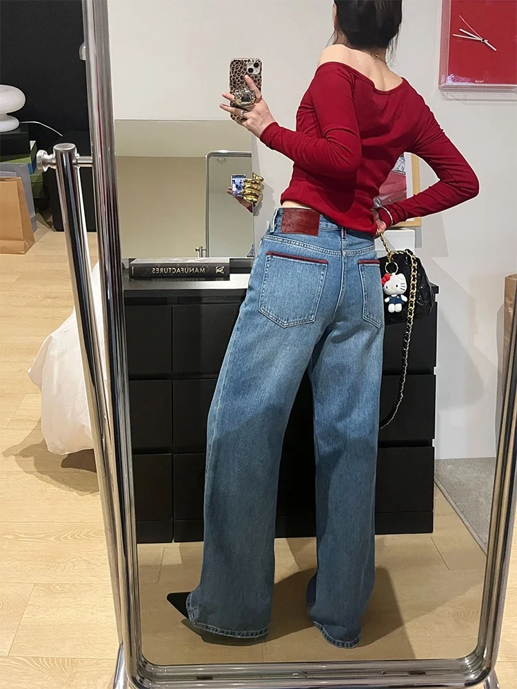 

High Waist Straight Leg Denim Jeans Women's Summer 2026 Wide Leg Pants Ankara Red Slimming Floor-Length Blue Jeans