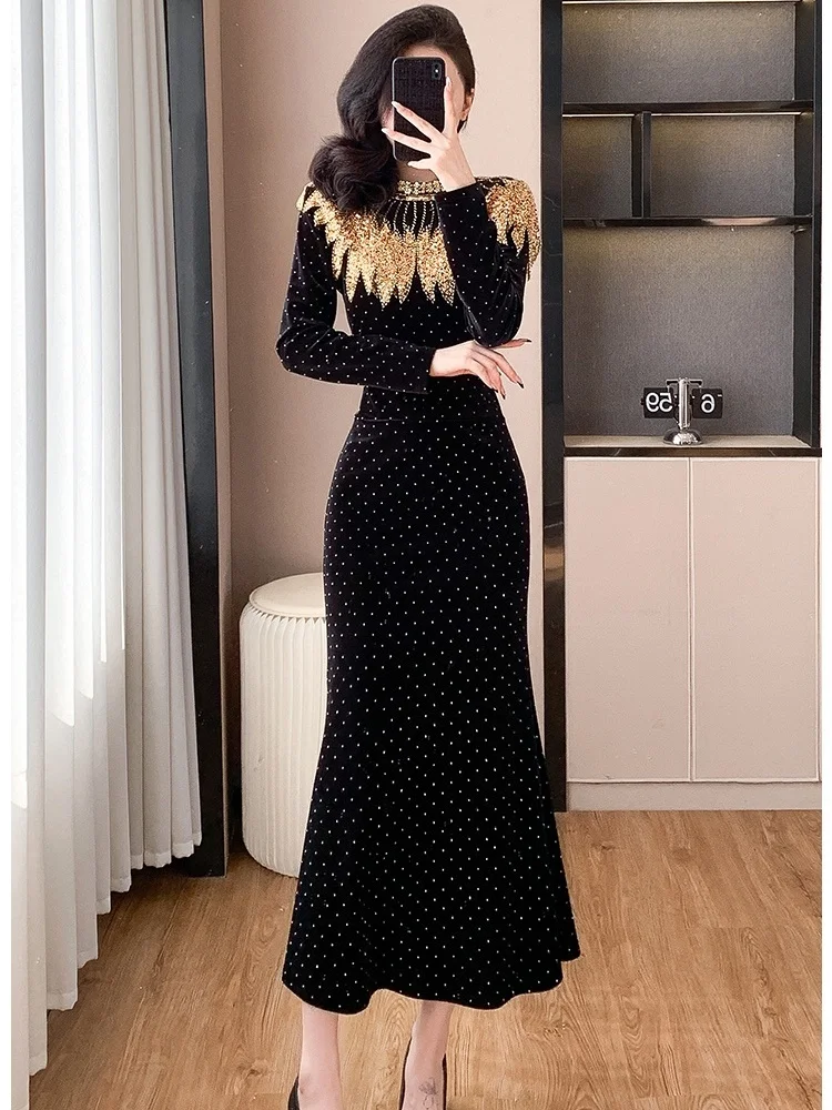 High-End Long Sleeve Stand Collar Sparkle Sequin Rhinestone Prom Dress Women's Stretch Velvet Mermaid Evening Night Party Gown