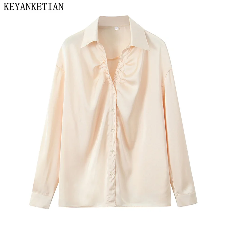 

KEYANKETIAN 2024 New Launch Women's Pleated decoration Satin shirt Spring Single Breasted Long Sleeve Oversize Loose Blouse Top