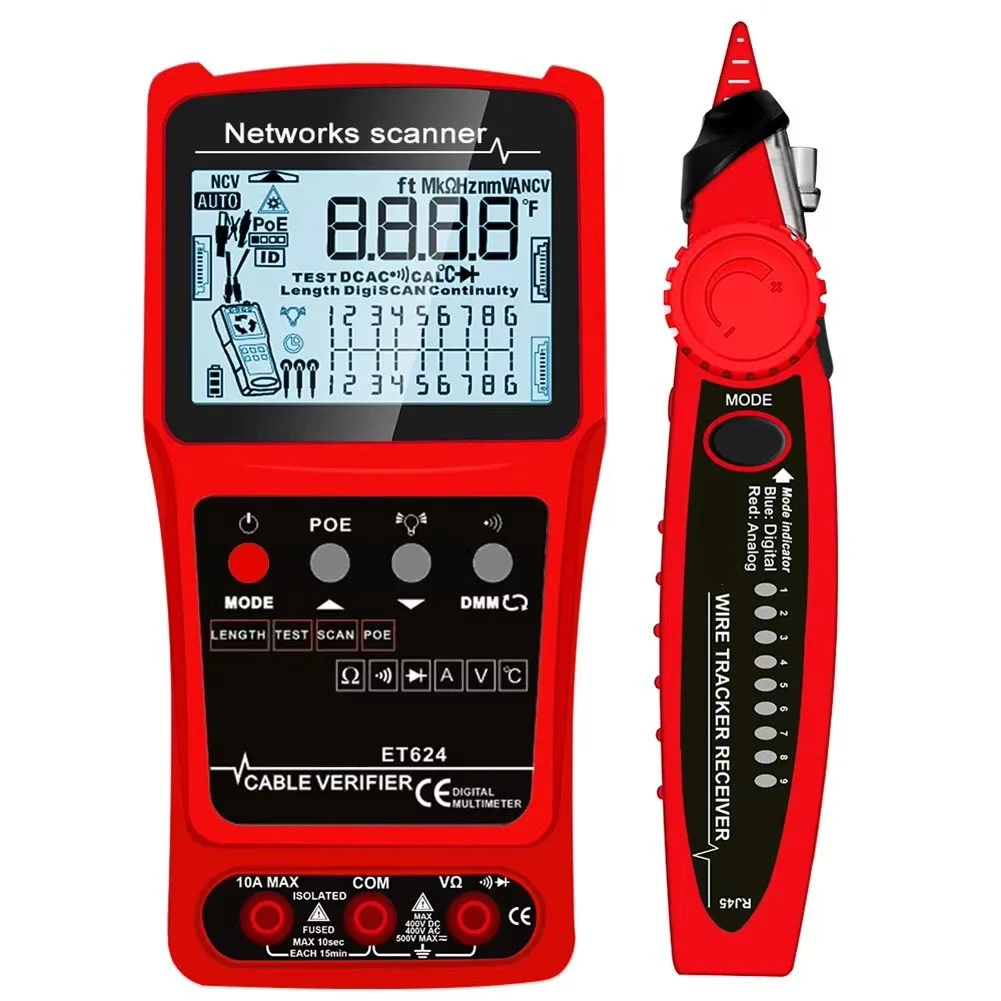 ET628 3-in-1 Network Cable Tester Multimeter With LCD Screen For For RJ45 Coaxial Wire Tracking Length Measurement And Fault Loc
