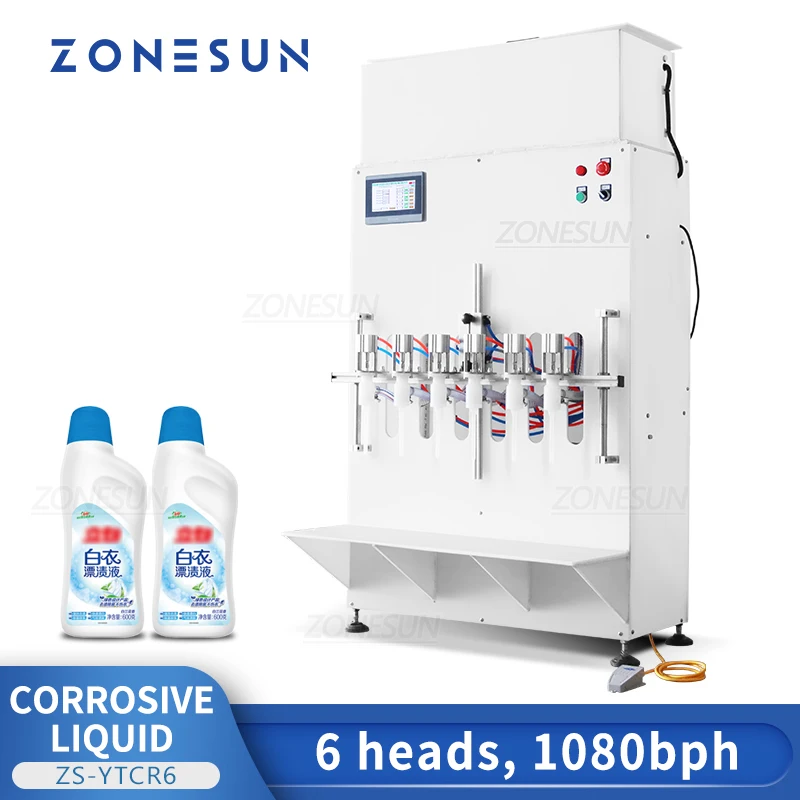 ZONESUN Corrosive Liquid Filling Machine ZS-YTCR6 Pneumatic Toilet Cleaner Disinfectant Acid Alkali Peroxide Bleach Packaging