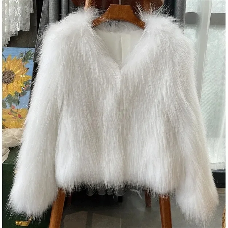 Women Solid Color V-neck Cardigans Faux Fur Autumn Winter Female Loose Faux Fur Coat New Ladies Short Long Sleeves Plush Outwear