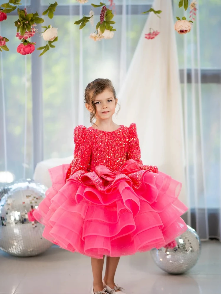 Shiny Long Sleeve Sequined Flower Girl Dresses Hot Pink Ruffles Girl's Birthday Party Dress Kids Pageant Dress Customized