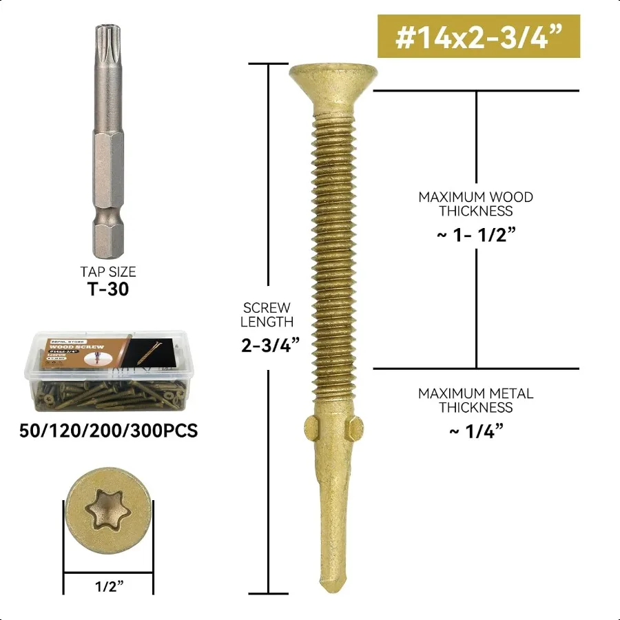 200 peças 14x23 4 parafusos de deck de reboque t30 torx parafusos auto-roscantes de madeira para metal com ponta de alargador fixadores resistentes para reboques