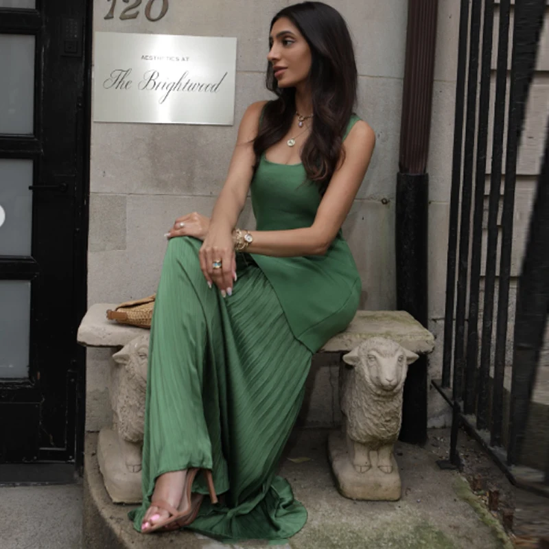HXAO Knitted Long Dresses Woman 2025 Sleeveless Pleated Green Maxi Dress Summer Patchwork Vest Elegant Dresses For Women