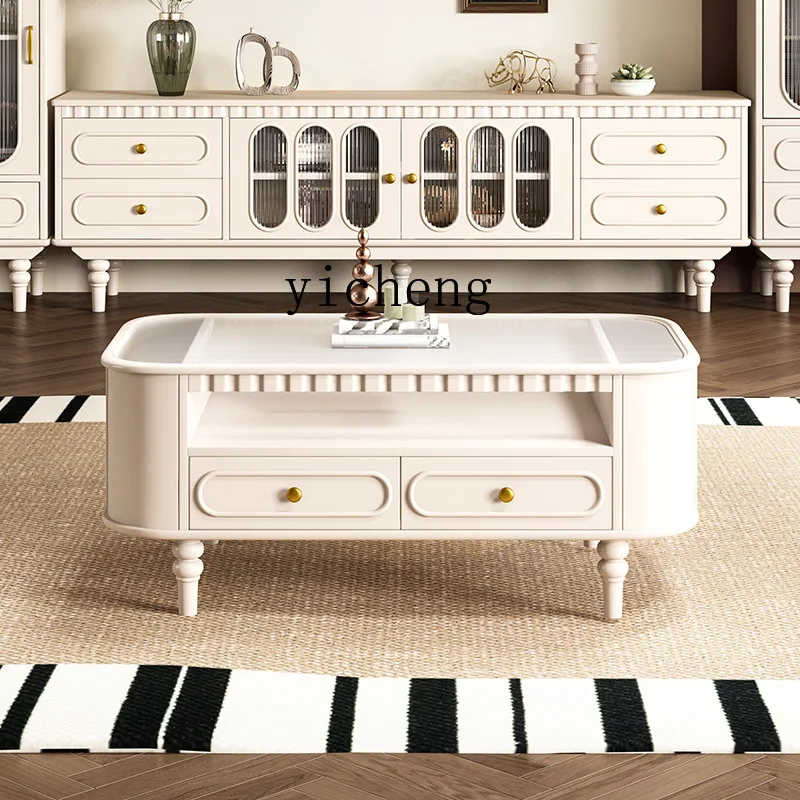 

TQQ all solid wood coffee table small apartment living room TV cabinet coffee table combination cream windshield coffee table