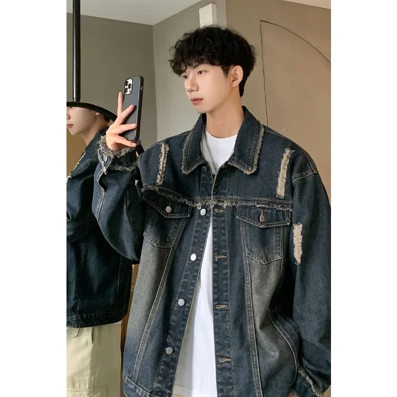 Autumn Fashion Elements Autumn New Product 2024 Retro Blue Design Flip Collar Versatile Denim Jacket for Men Shirts for Men