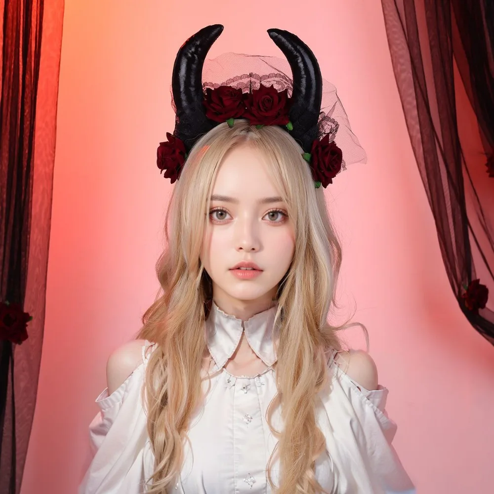 

Flowers Design Halloween Cow Horns Headband Fashion Unique Sheep Horn Headband Lace Trim Red Rose Headband Women's Accessories