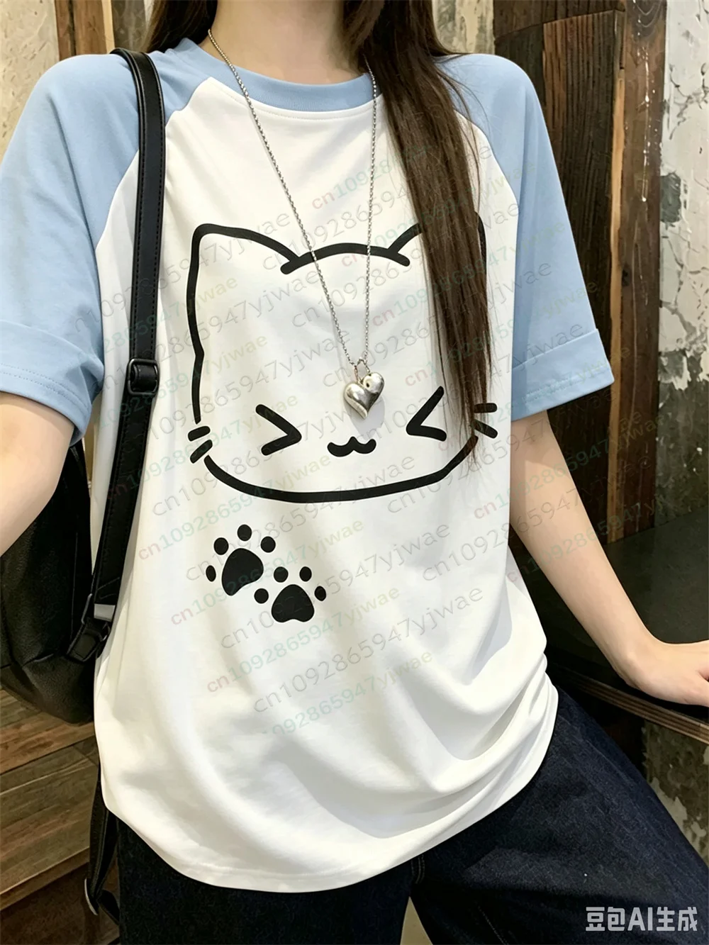 Japanese Harajuku Cartoon Cat Graphic Short Sleeved Casual Y2k Fashion Girl Tee Kawaii Clothing Streetwear Women Beach T-Shirt