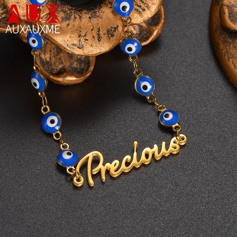 

Auxauxme Custom Blue Eye Chain Name Necklace for Women Personalized Stainless Steel Turkish Evil Eye Pendant Jewelry Gifts