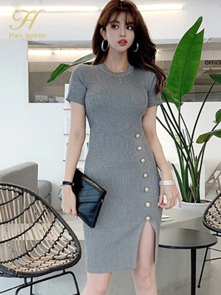 H Han Queen Hot Sale Fashion Button Split Elegant Sheath Bodycon Pencil Dress Office Party Dresses Elasticity knitted Vestidos