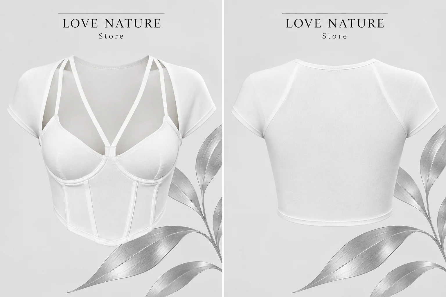 【LOVE NATURE Store】Women’s White Strappy Corset Crop Top, Short Sleeve Bustier Top