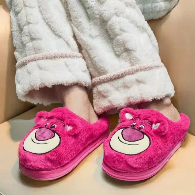 

really pictures 2025 new winter Lotso Huggin Strawberry Bear drop shipping pink purple plus big size warm women's slippers