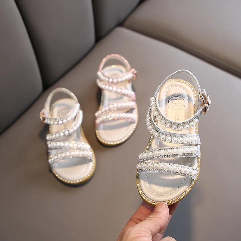 Summer Toddler Girls Sandals Luxury Rhinestone Pearl Children Princess Elegant Flat Sandals Fashion Children Dress Sandals Soft