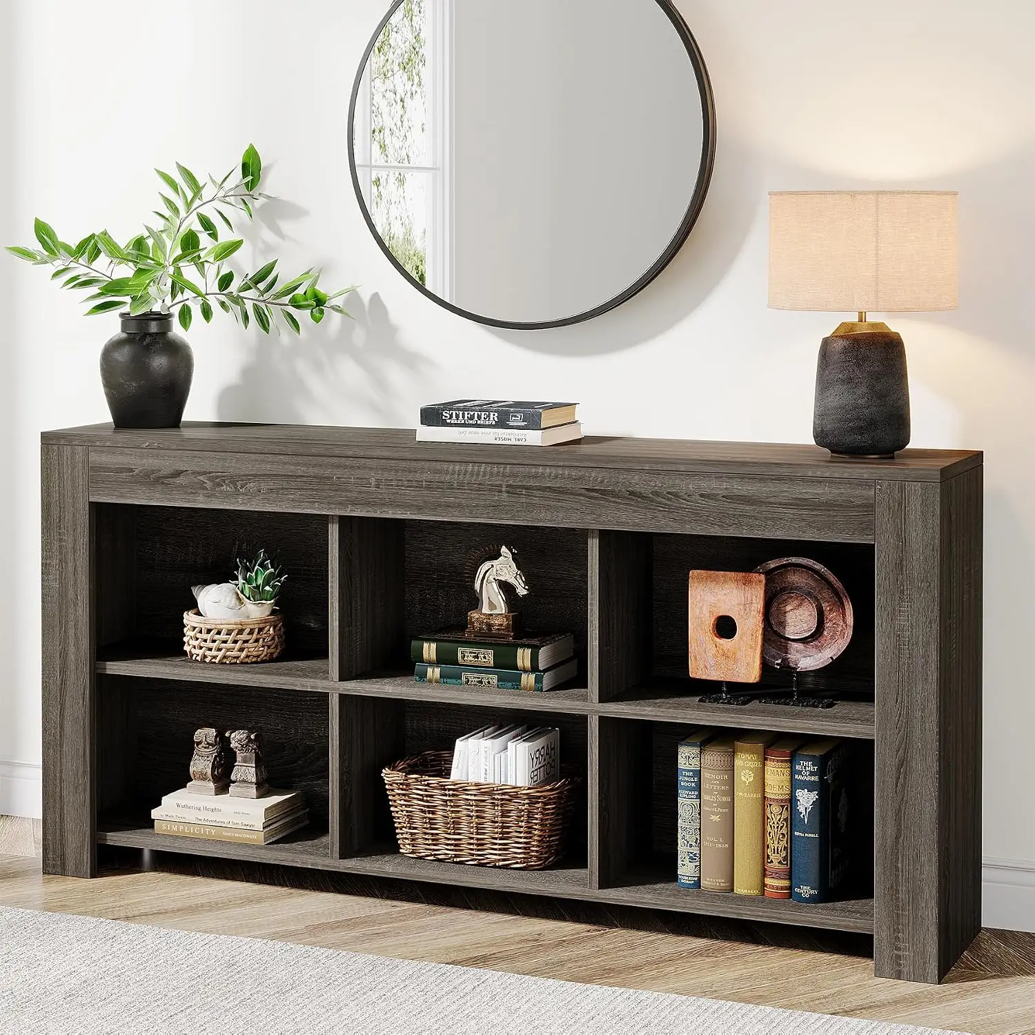 63-Inch Long Console Table with 6 Storage Cubes for Entryway Living Room Hallway Behind Sofa, Grey, Customized