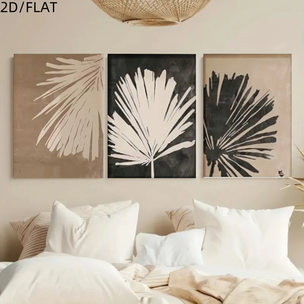 3‑Piece Framed Wall Hanging, Milk‑Tea Background Black White Palm Leaf Canvas Print, Wall Art Headboard Living Room Study