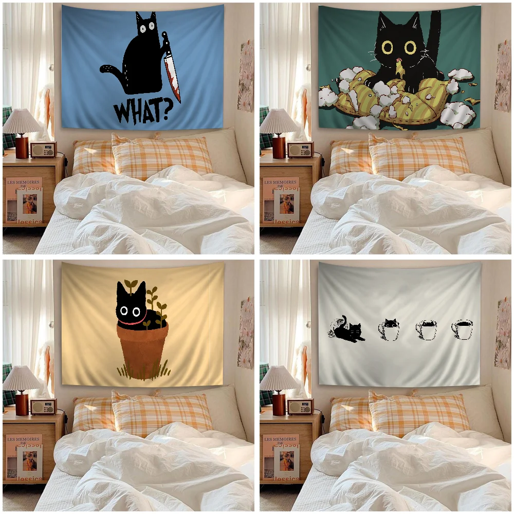 Black Cat Tapestry Anime Tapestry Hanging Tarot Hippie Wall Rugs Dorm Wall Hanging Sheets