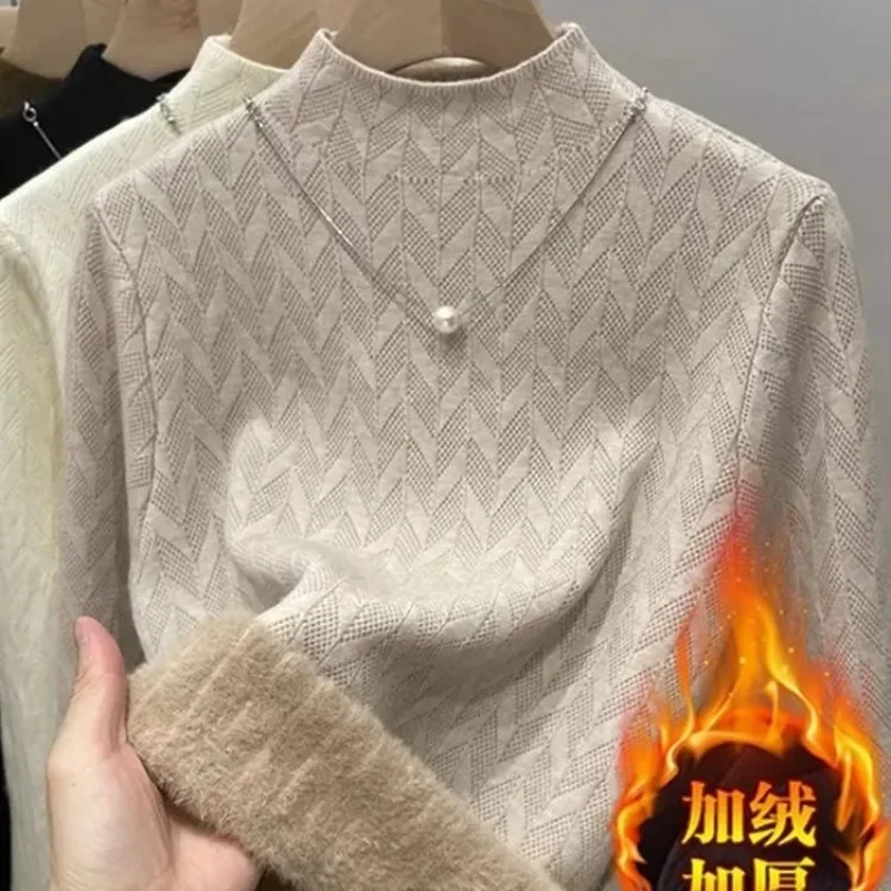 Suéter para mujer, invierno, forro de terciopelo de felpa, grueso, medio cuello alto, jersey de rayas Jacquard agradable para la piel, Tops térmicos, suéter