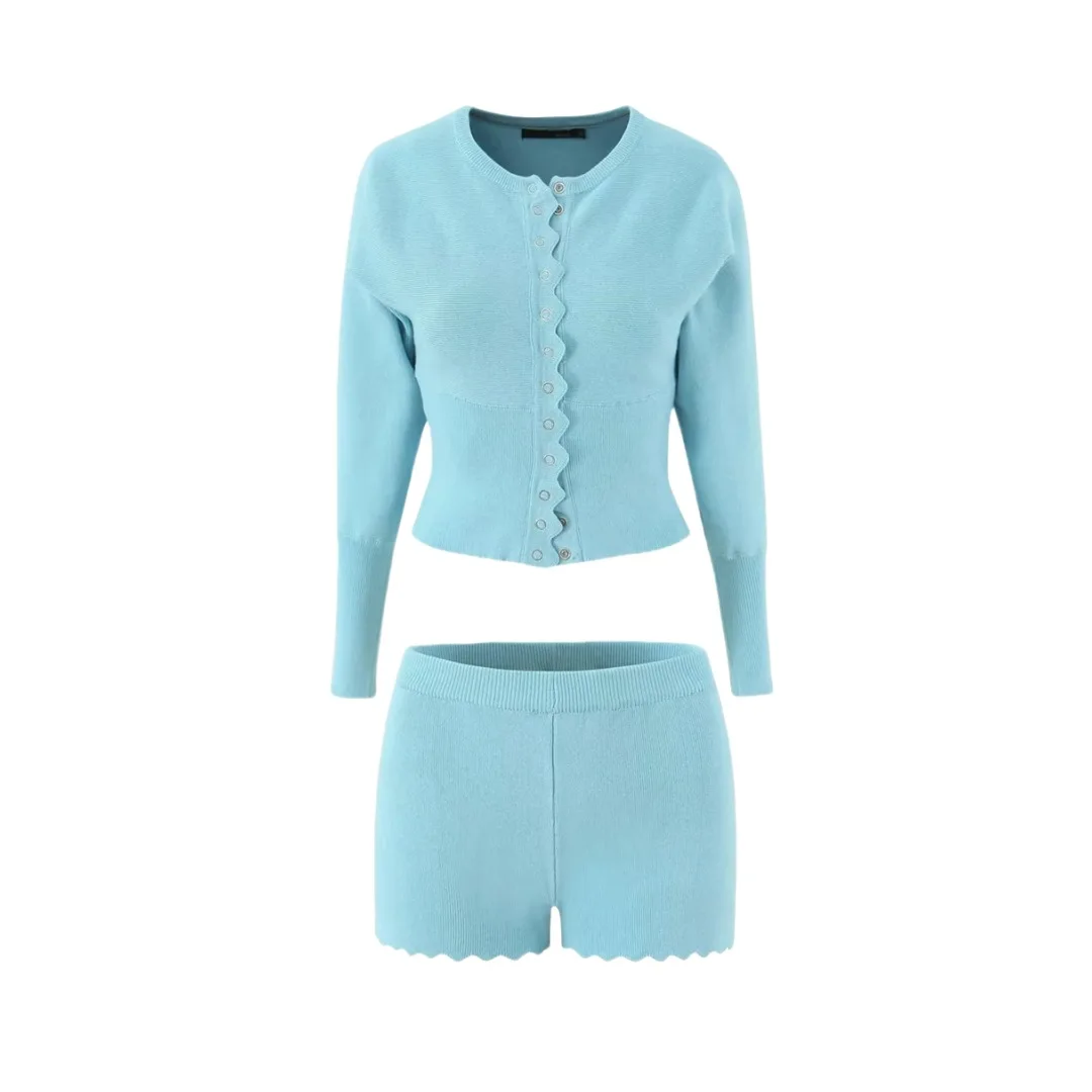 

Women O Neck Long Sleeve Knit Fabric with Puffy Sleeve Elvira Cardigan in Light Blue