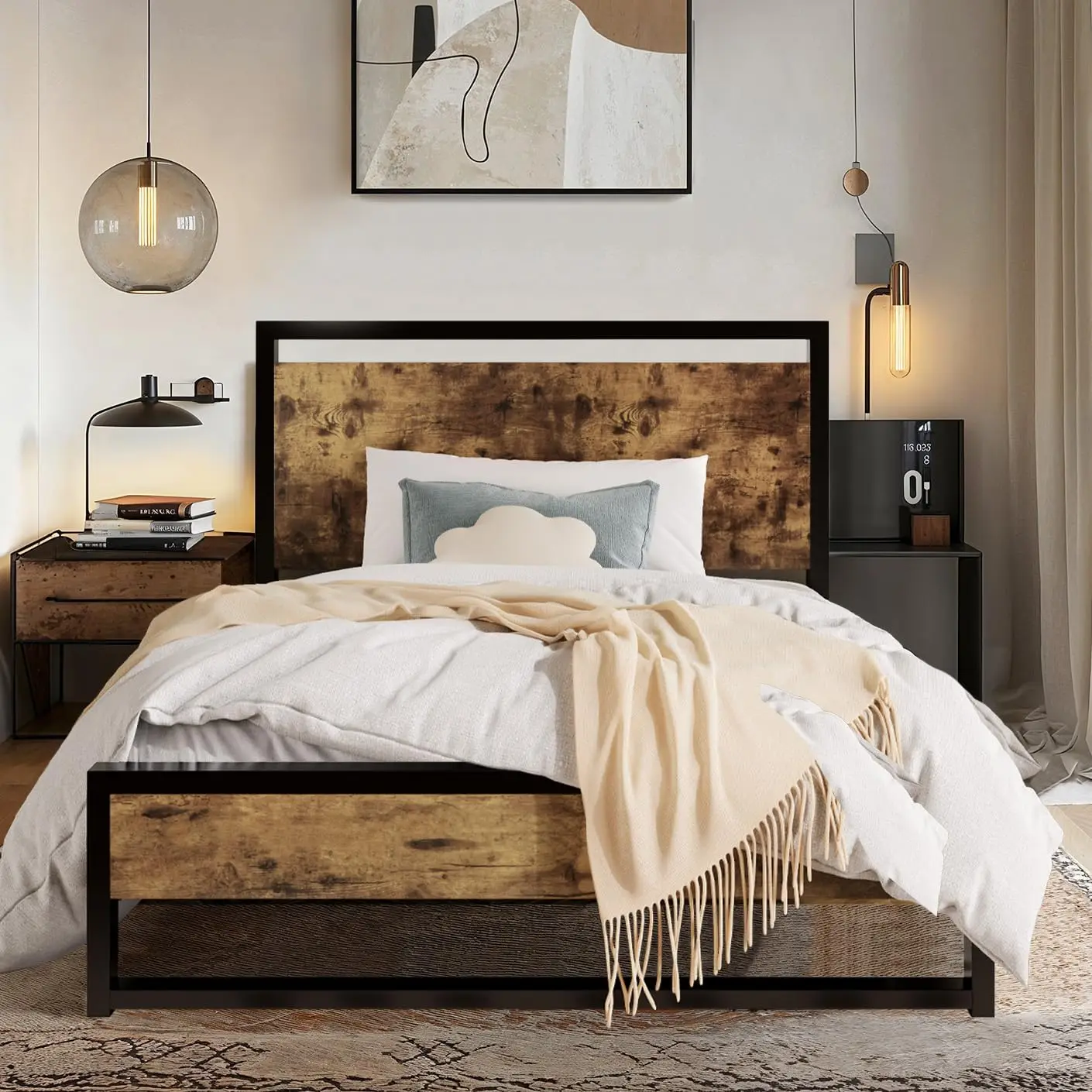 

Twin Metal Bed Frame with Rustic Headboard Footboard No Box Spring Needed Brown, Customized