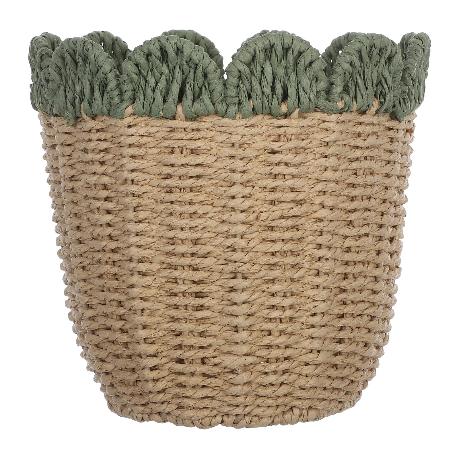 

Handwoven Paper Rope Basket with Scalloped Edge Farmhouse Style Round Desktop Organizer Bin for Office Home Bedroom Living Room