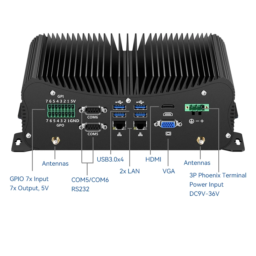 คอมพิวเตอร์ขนาดเล็กไม่มีพัดลม Intel Core i7 10610U 6X COM RS232 RS422 RS485 2x LAN ps/ 2 HDMI VGA GPIO 6X USB สนับสนุน WIFI 4G LTE Windows Linux