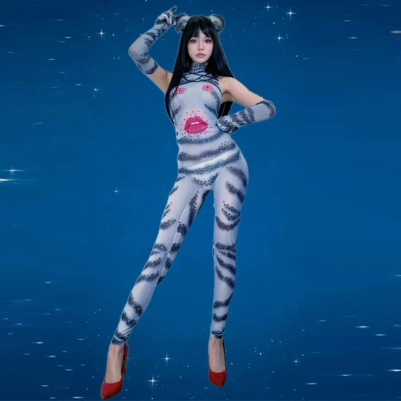Drag Queen Kostüm Tiger Muster Strass Overall Frauen Pole Dance Rave Outfit Bar Nachtclub Dj Bühne Gogo Tragen XS10411