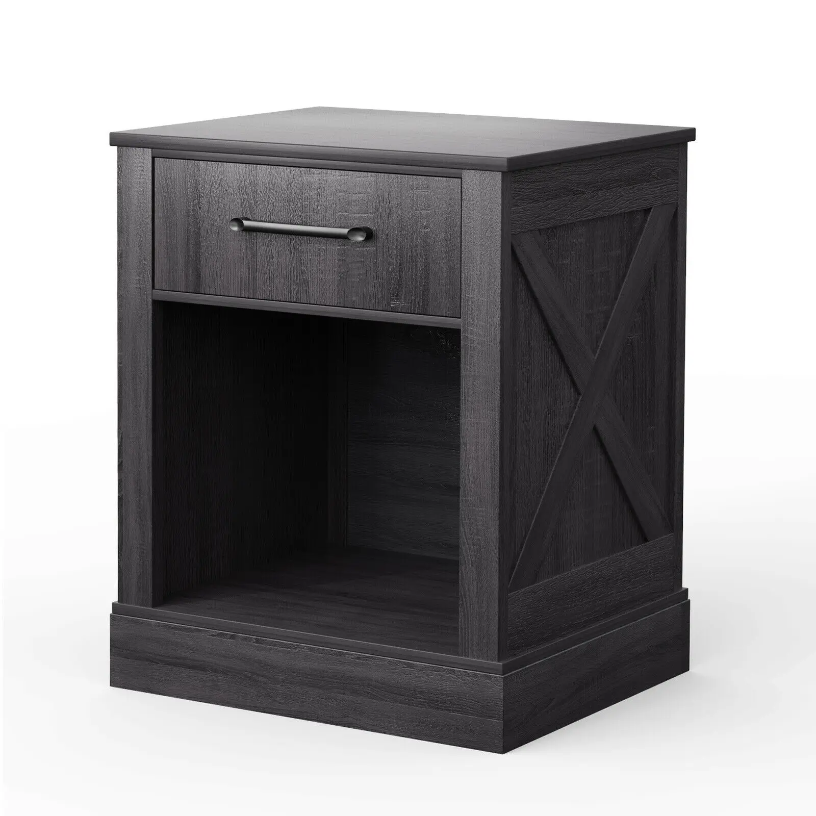 Nightstand with Drawer and Shelf Rustic Wooden Bedside Table Bedroom Black