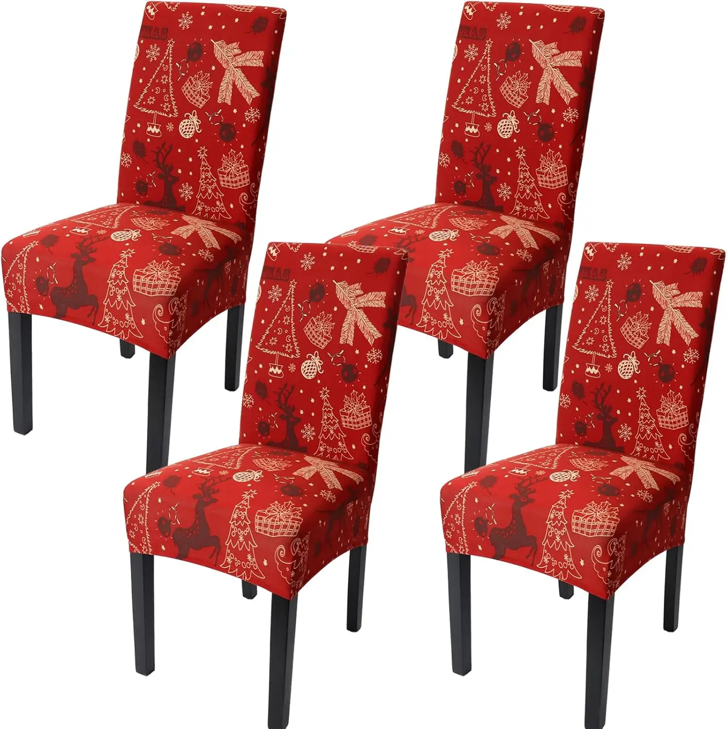 

4 Pcs Christmas Chair Covers For Dining Room Xmas Chair Slipcover Protector With Tree Elk Pattern Stretch Removable Washable
