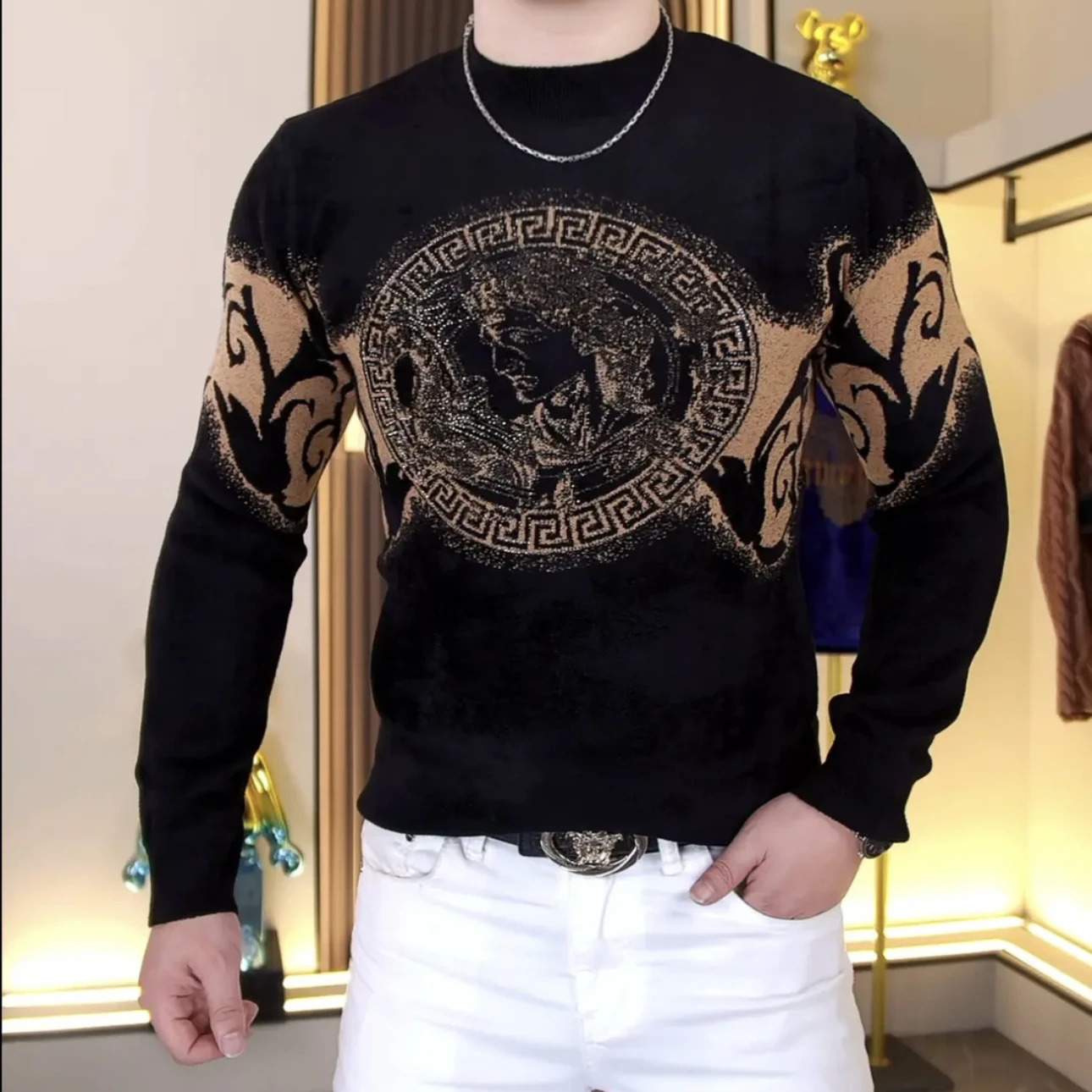 

Faionable Knitted Velvet Sweater round Ne Slim Fit Men's T-irt Embroidered Heat Set Diamond Winter New Arrival