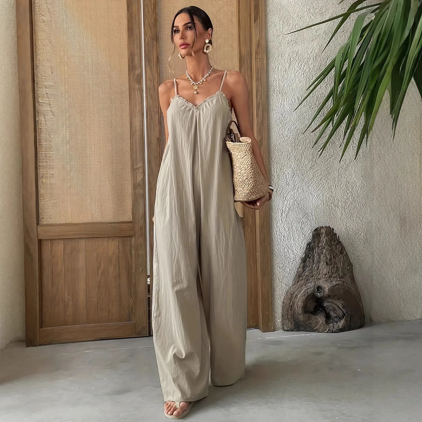 Jumpsuit Linen Relaxed - Summer Woman Jumpsuit Sleeveless V Neck