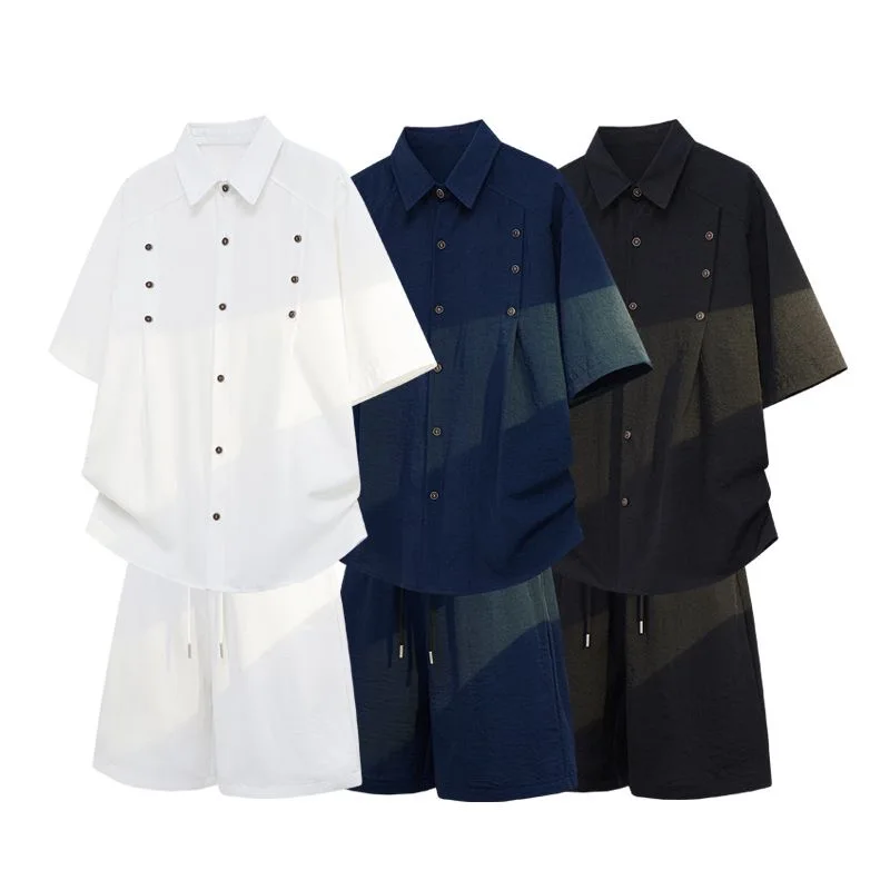 

Summer New Fashion Solid Color Comfortable Breathable Short Sleeve Shirt Set Men's Casual Loose Sport High Quality Two-Piece Set