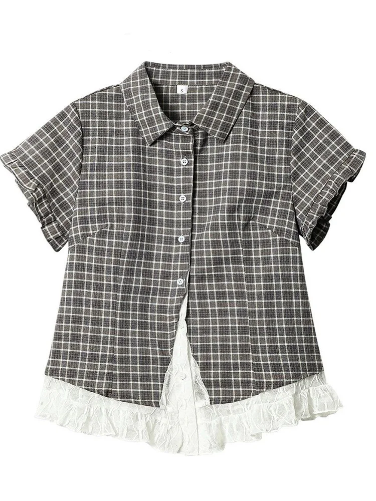 Lace Patchwork Plaid Shirt Women Summer Sweet Short Sleeve Vintage Blouse Slim Sweet Retro Japan Kawaii Female Cute Casual Tops image 5