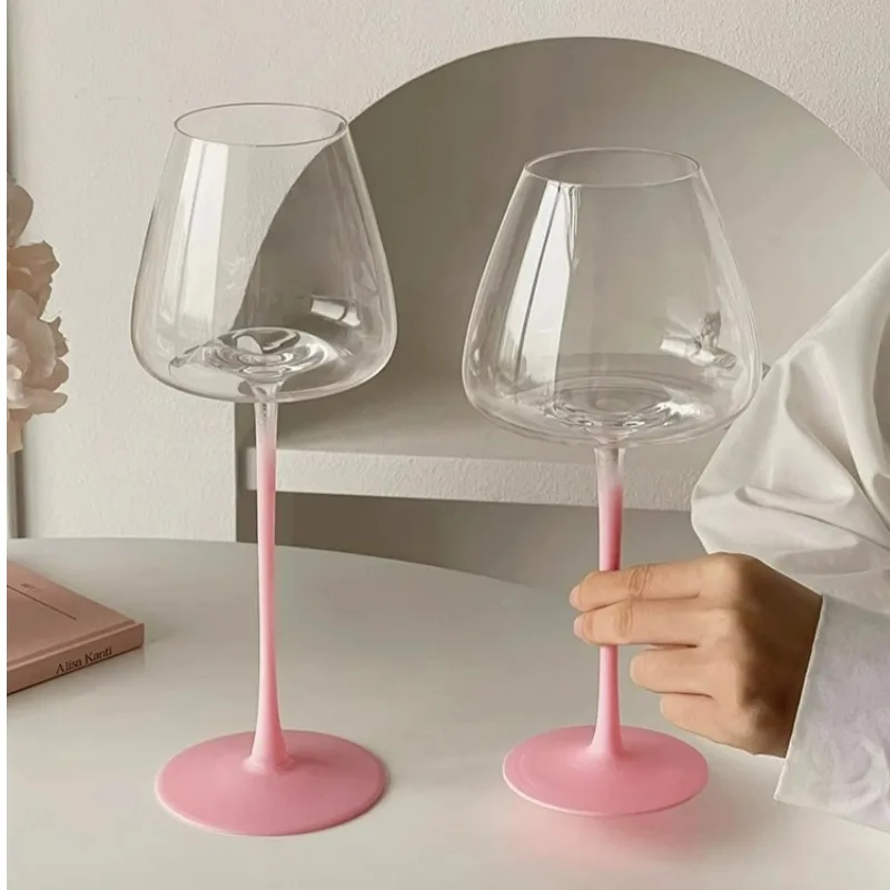 French Style Glass Goblet Pink Stem Concave Bottom Red Wine Glasses Cup Light Luxury Glass Cup Champagne Glasses Cups Home Tools