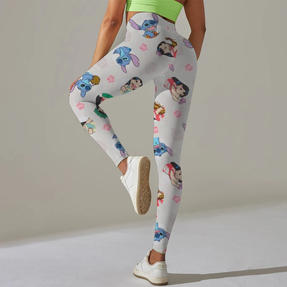 Disney Stitch พิมพ์ Checkered สตรีกีฬาและฟิตเนสกางเกงขายาวผู้หญิง Tiedye GYM Leggings Mujer Push Up Booty กางเกงฟิตเนส